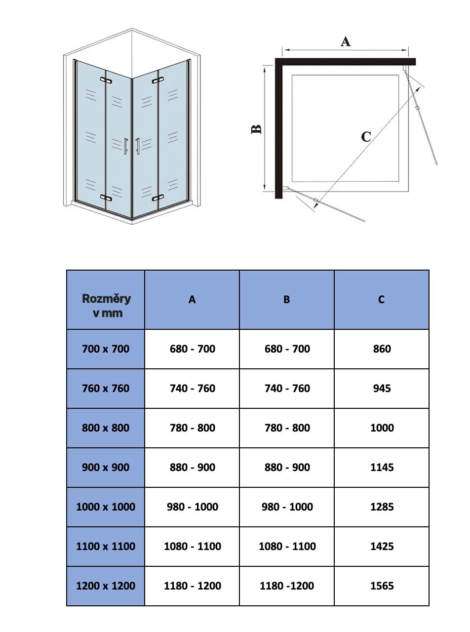 Čtvercový sprchový roh s nano sklem EasyClean – zalamovací skleněné dveře, nastavitelný rozměr 70-120 cm, výška 195 cm, bezpečnostní 6mm ESG sklo, leštěný hliníkový profil odolný proti korozi, nerezové madlo, moderní sprchový box do malých prostor, snadná údržba, designový chromový doplněk koupelny