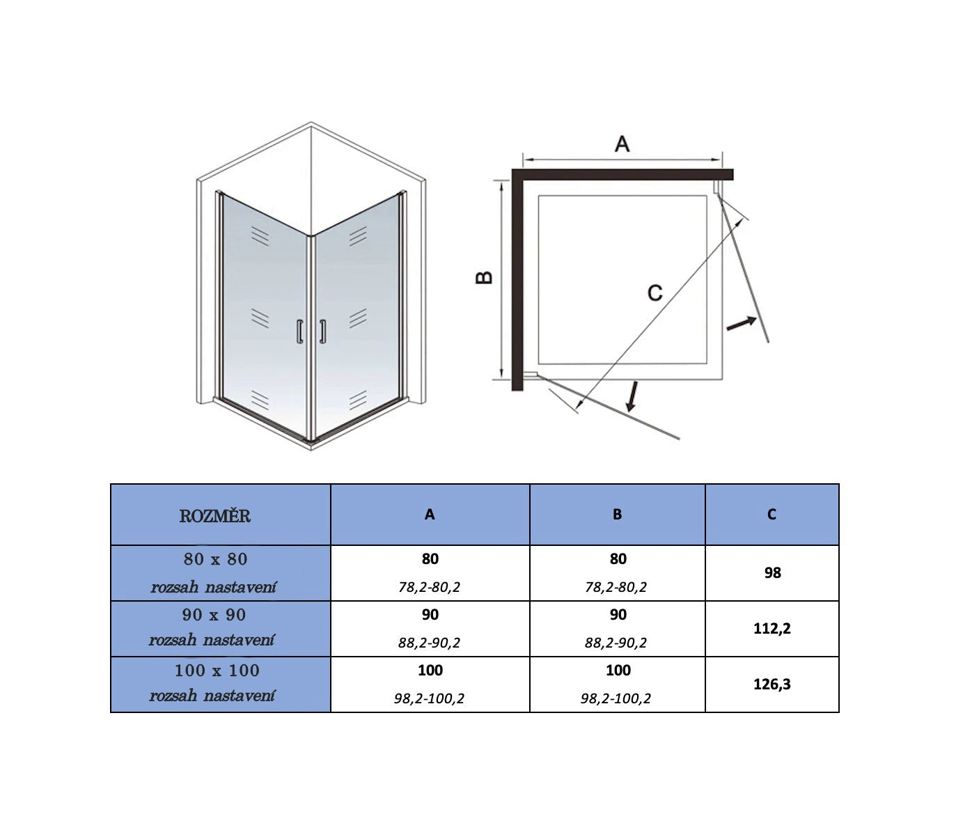 AICA černý sprchový kout čtvercový s 8mm NANO sklem - rozměry 80x80, 90x90, 100x100cm - jednokřídlé černé dveře, hliníkový antikorozní profil, bezpečnostní sklo EasyClean, magnetické těsnění, černá madla, moderní design, úspora místa, snadná údržba