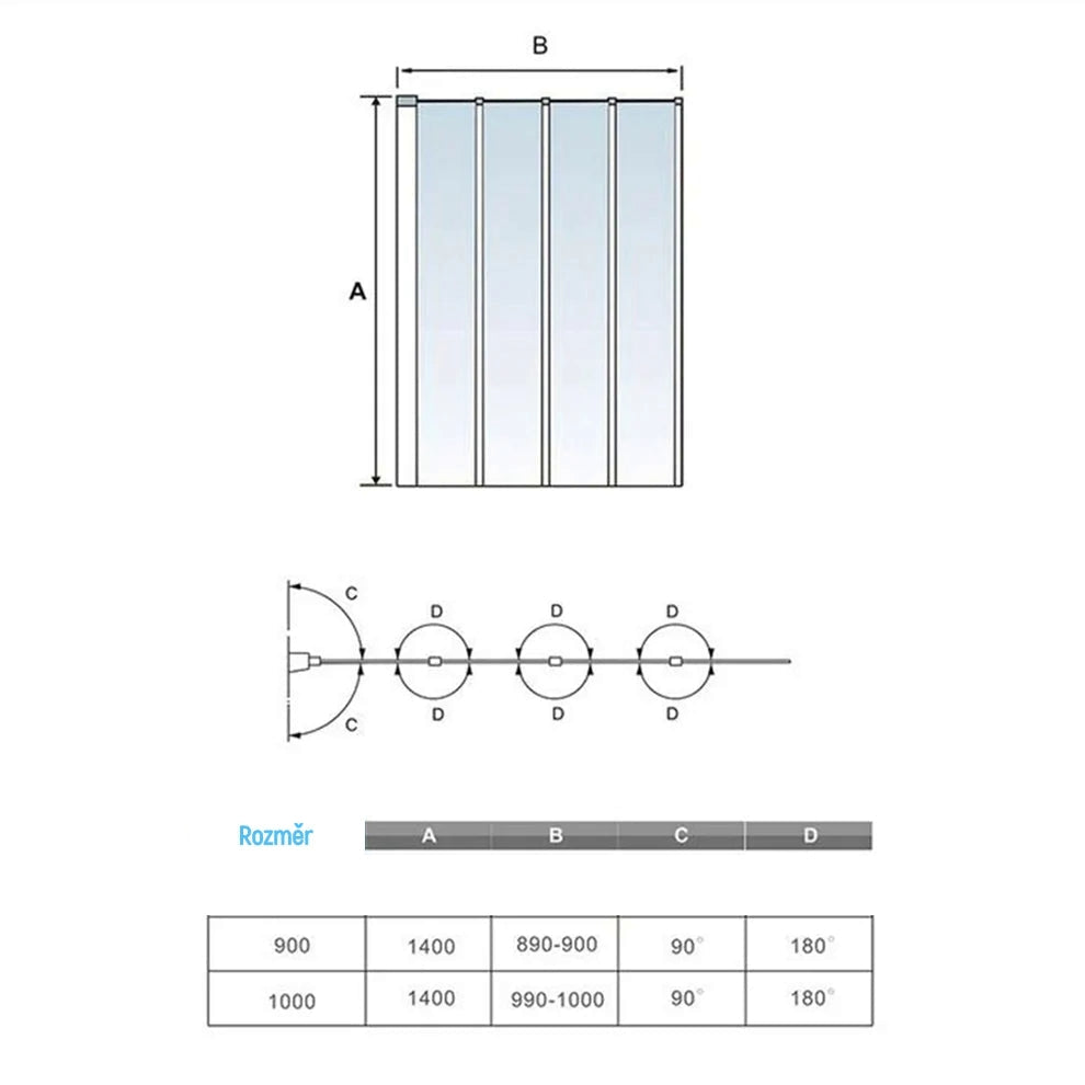AICA Vanová zástěna skládací FFA-4B černá – 4-dílná sklopná zástěna do vany s 4mm NANO čirým sklem EasyClean, odolným hliníkovým profilem a univerzální levou/pravou montáží. Rozměry 90x140cm a 100x140cm. Moderní černá koupelnová zástěna s těsněním, bezpečnostním sklem a nastavitelným rozsahem.