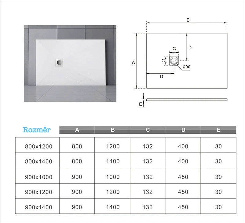 AICA Obdélníková sprchová vanička FGR-R, bílá, s efektem kamene, sprchová vanička do sprchového koutu, Výška 3cm.