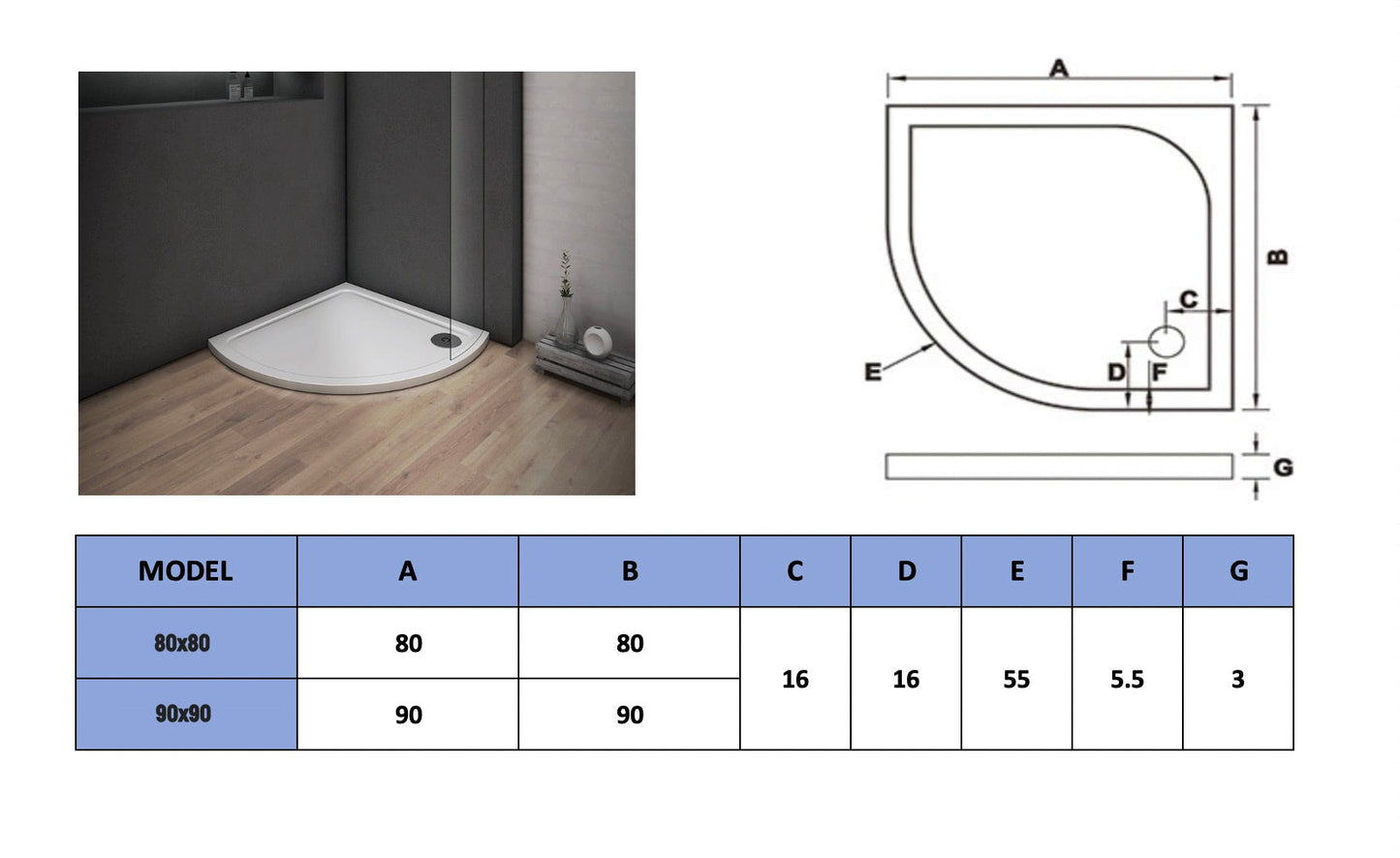 Biela štvrťkruhová sprchová vanička 80x80 cm s antibakteriálnym Gelcoat povrchom - luxusný litý mramor, protisklzová úprava, montáž na úrovni podlahy, moderný dizajn do kúpeľne