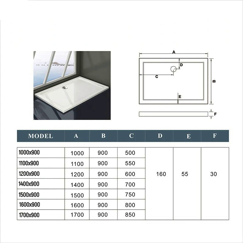 Bílá obdélníková sprchová vanička AICA STONE GR-R z litého mramoru s antibakteriálním GelCoat povrchem - moderní protiskluzová vanička do sprchového koutu s výškou 3 cm. Detailní záběr na kvalitní povrch odolný proti poškrábání, ukazující odtokový systém s nerezovým sifonem. Vanička je vystavena v showroomu s dlažbou, demonstrující možnosti instalace (rozměry 80x70cm až 170x90cm).