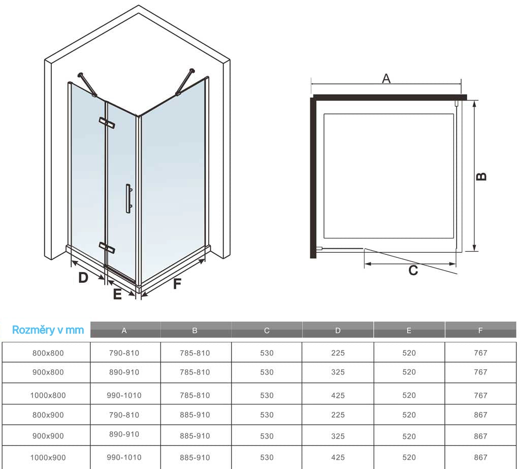 Čtvercový sprchový kout s otočnými dveřmi z 6mm bezpečnostního NANO skla EasyClean - nastavitelný rozměr 76-100cm, výška 195cm, chromový profil, boční stěna, vzpěry, moderní design do koupelny