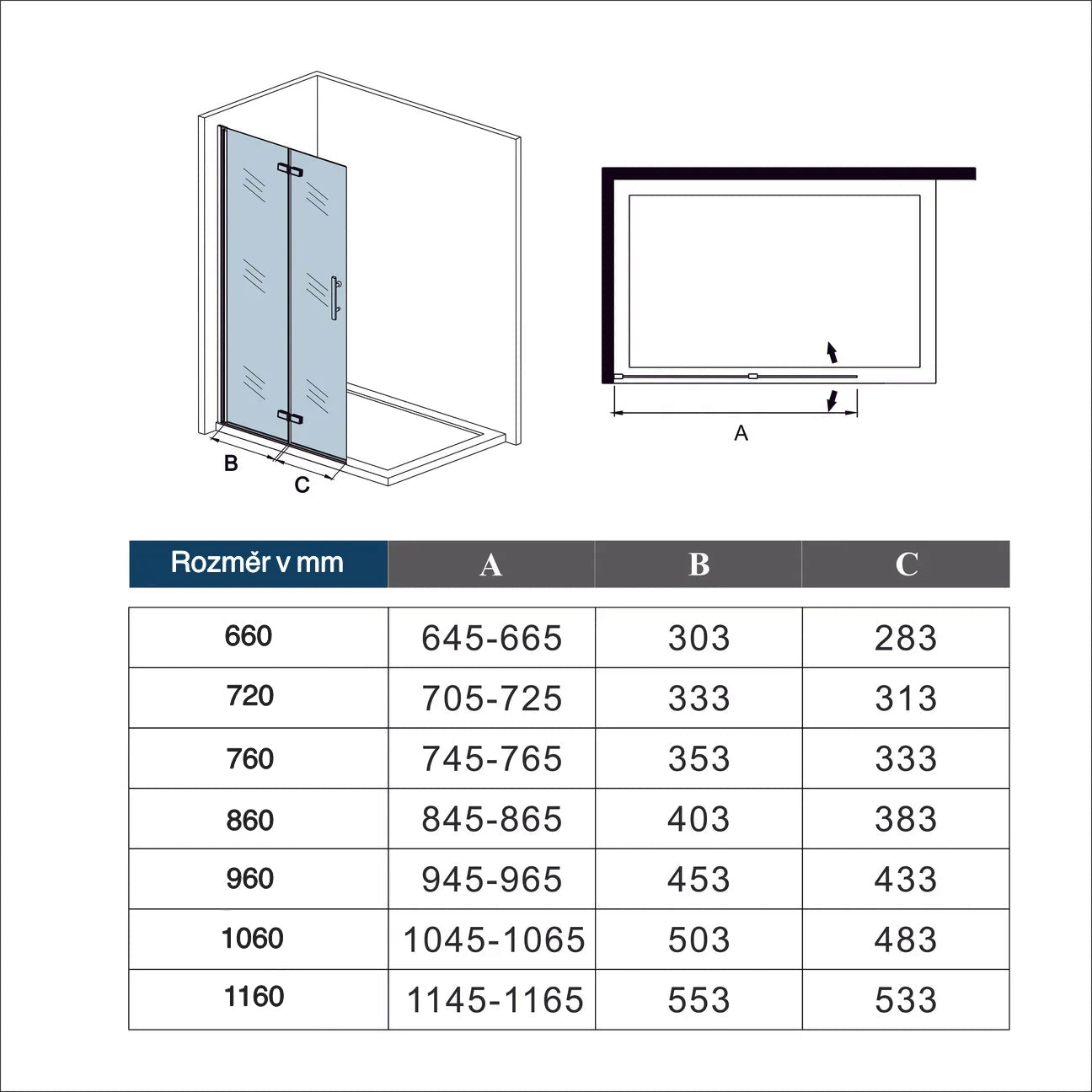 Detailní tabulka rozměrů nastavitelné walk-in sprchové zástěny AICA HPKB2EFAP – přesné nastavení šířky od 66 cm do 116 cm (s tolerancí ±2 cm), výška 195 cm. Zobrazuje rozměry 66 cm (645–665 mm), 72 cm (705–725 mm), 76 cm (745–765 mm), 86 cm (845–865 mm), 96 cm (945–965 mm), 106 cm (1045–1065 mm) a 116 cm (1145–1165 mm). Univerzální sprchová zástěna s 6mm NANO sklem, privacy pásem a korozivzdorným hliníkovým profilem – ideální pro moderní koupelny.