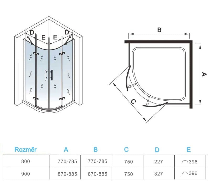 Rozměry čtvrtkruhového sprchového koutu s NANO sklem – 80x80x195 cm a 90x90x195 cm, instalační prostor, vnější rozměry včetně profilu, sprchová vanička 550mm poloměr
