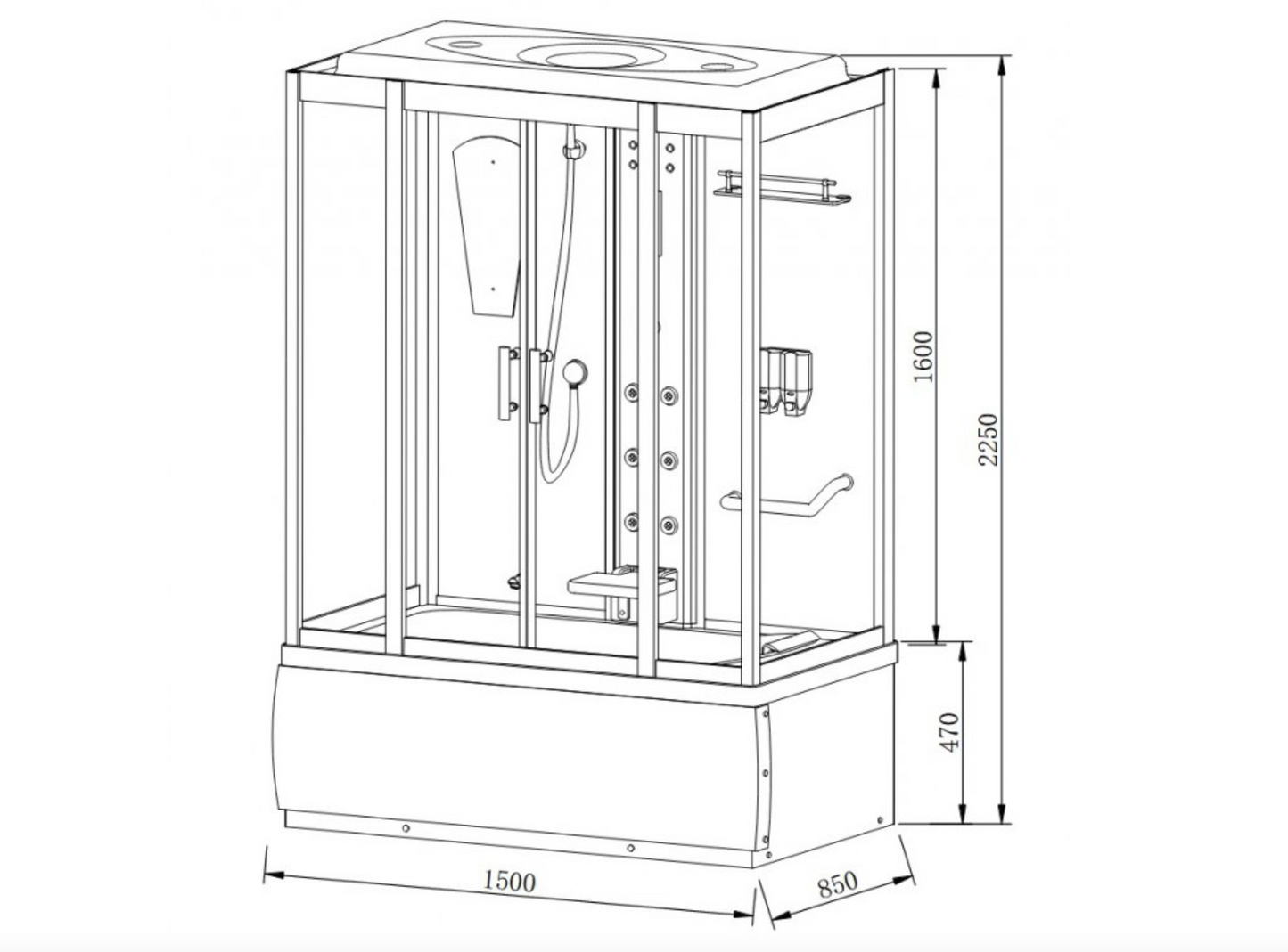 Masážní sprchový box trysky 150x85x225 cm – sprchový kout s 6 masážními tryskami, rádiem, ventilátorem, LED osvětlením a integrovaným sedátkem. Luxusní akrylátový box s posuvnými dveřmi a elektronickým ovládáním.