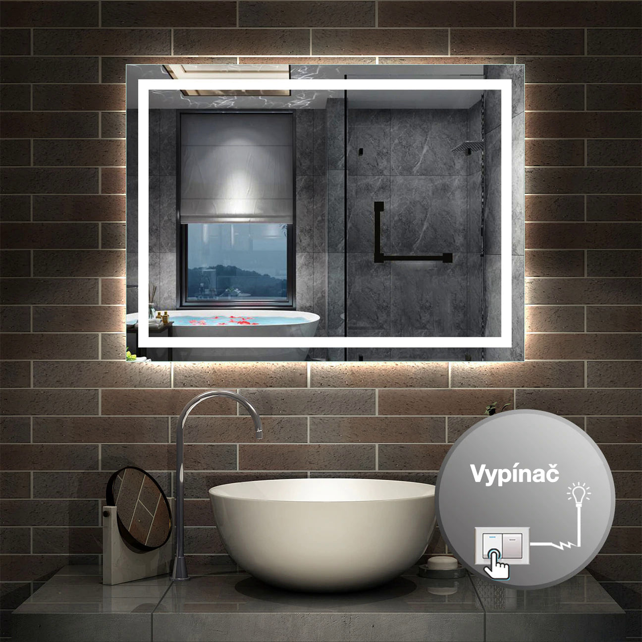 Vyhřívané LED zrcadlo AICA J26XXV do koupelny s protizamlžovací funkcí a energeticky úsporným osvětlením. Moderní designové zrcadlo s vyhříváním zabraňujícím zamlžení, vybavené jasnými LED pásky s barevnou teplotou 6000K (studená bílá), které poskytují perfektní osvětlení pro líčení nebo holení. Odolné zrcadlo s hliníkovým rámem a bezpečnostním sklem, vhodné do vlhkého prostředí koupelen. Zadní topná fólie efektivně eliminuje zamlžování i při horké sprše, zatímco voděodolné LED osvětlení IP67 zajišťuje dlou