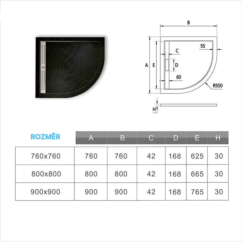 Černá čtvrtkruhová sprchová vanička 80x80 cm - protiskluzový litý mramor s imitací kamene, nízkoprofilový design 3 cm, moderní sprchová vana do koupelny s antioxidačním povrchem a odtokovým sifónem zdarma