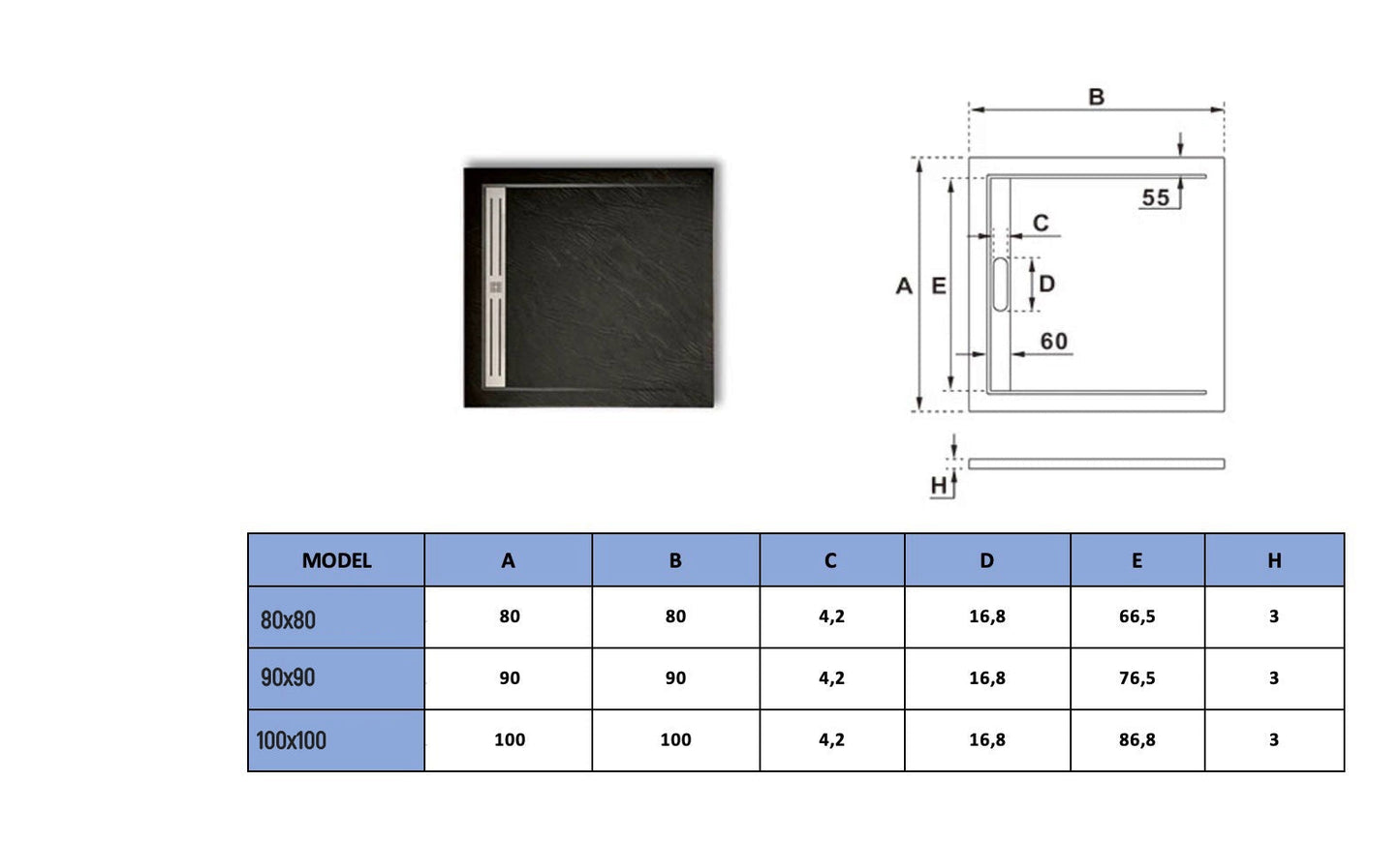 Černá sprchová vanička 80x80 z litého mramoru - protiskluzová vanička do sprchového koutu s kamenným efektem, montáž na úrovni podlahy (3 cm), odolná vanička s nosností 500 kg