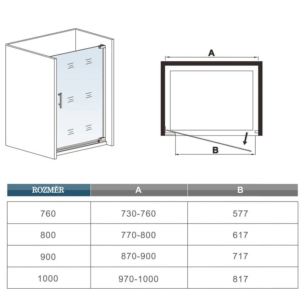 Sprchové dveře do niky 80-100cm, 8mm NANO sklo s povrchovou úpravou EasyClean, chromované profily, odolné proti korozi. Jednokřídlé vestavěné dveře do sprchového koutu s univerzální montáží L/P, výška 185 cm. Bezpečnostní skleněné dveře s madlem ze slitiny zinku, ideální do malých koupelen. Rozměrově nastavitelné dveře do výklenku, moderní design