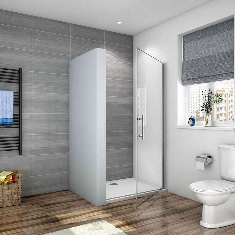 Sprchové dveře do niky bez vaničky – jednokřídlé skleněné dveře s 6mm nano sklem, univerzální montáž (L/P), rozměr 70-100cm × 185cm. Moderní design s chromovaným hliníkovým profilem a magnetickým těsněním. Vestavěné řešení do sprchového koutu
