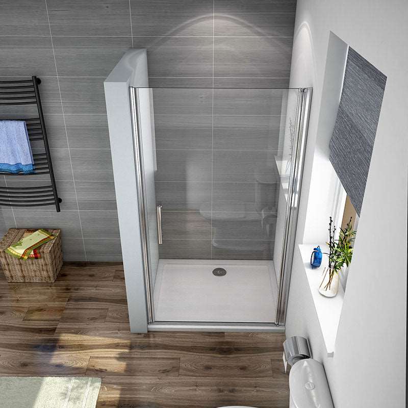 Sprchové dveře do niky bez vaničky – jednokřídlé skleněné dveře s 6mm nano sklem, univerzální montáž (L/P), rozměr 70-100cm × 185cm. Moderní design s chromovaným hliníkovým profilem a magnetickým těsněním. Vestavěné řešení do sprchového koutu