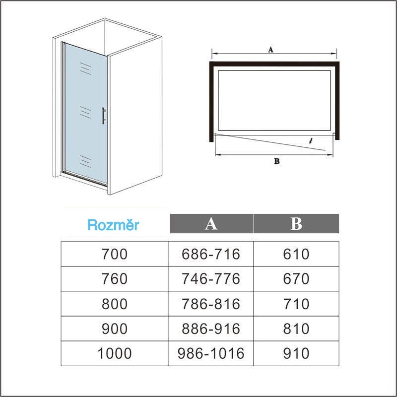 Sprchové dveře do niky bez vaničky – jednokřídlé skleněné dveře s 6mm nano sklem, univerzální montáž (L/P), rozměr 70-100cm × 185cm. Moderní design s chromovaným hliníkovým profilem a magnetickým těsněním. Vestavěné řešení do sprchového koutu