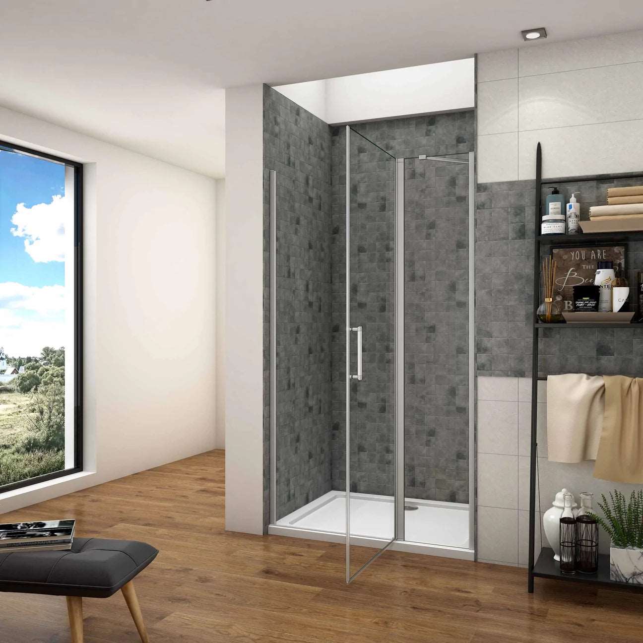 Jednokřídlé skleněné sprchové dveře do niky 80-120cm z 6mm nano čirého bezpečnostního skla s chromovaným hliníkovým profilem a nerezovým madlem. Moderní sprchový kout s univerzální montáží L/P, výškou 195cm a odolnou vzpěrou. Elegantní řešení pro malé i velké koupelny s vestavěným sprchovým koutem. Kvalitní sprchové dveře s nano povrchem EasyClean proti vodnímu kameni a snadnou údržbou
