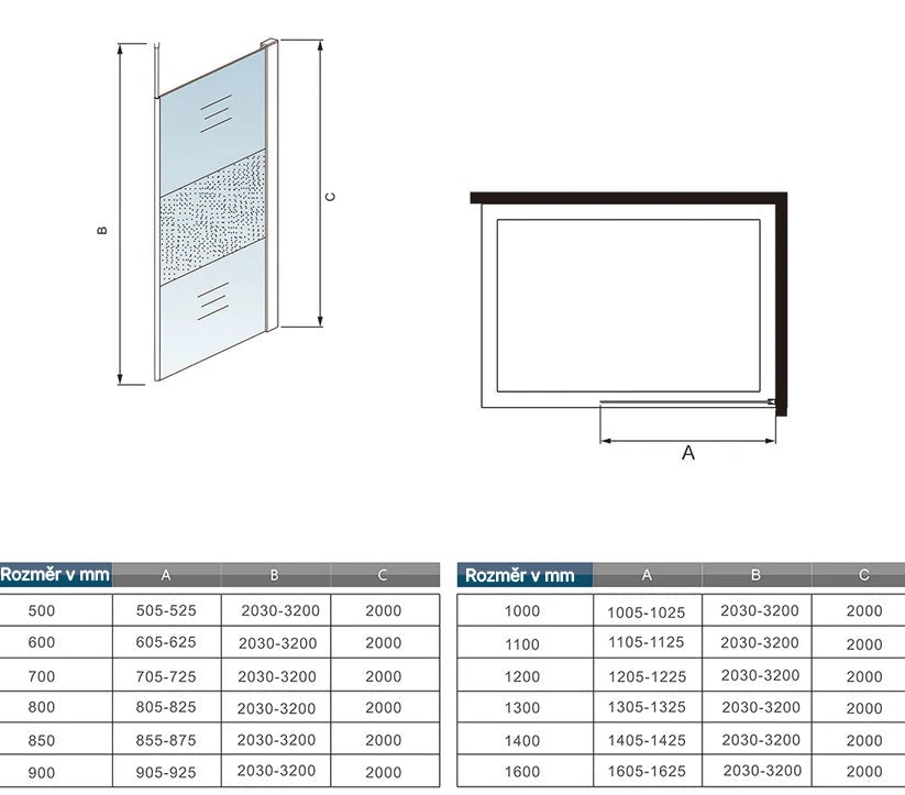 Walk-in sprchová zástěna s nastavitelnou šířkou 70–140 cm | 8mm NANO sklo s matným privacy pásem, Anti-Explosion fólie, stropní chromová tyč a korozivzdorný hliník pro bezpečný a moderní sprchový kout.