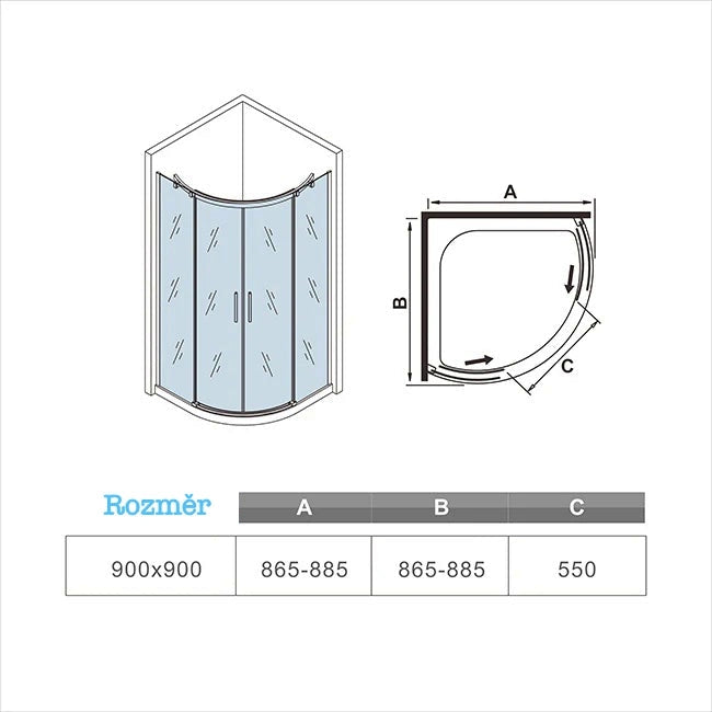 Čtvrtkruhový sprchový kout 90x90 s posuvnými dveřmi z čirého NANO skla a chromovaným madlem - moderní rohový sprchový box s antikorozním hliníkovým rámem a bezpečnostním sklem pro malé koupelny