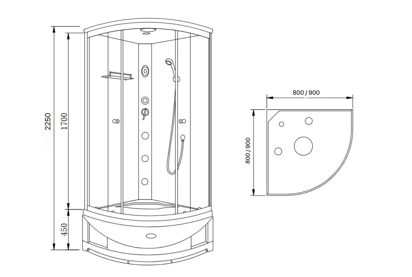 Čtvrtkruhový masážní sprchový box sklo 90x90 cm s posuvnými dveřmi, 3 tryskami, rádiem, ventilátorem a tropickou sprchou – luxusní moderní sprchový kout s tvrzeným bezpečnostním sklem a integrovaným sedátkem