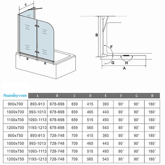 AICA vanová zástěna skládací VS2E-12YSPVS – 2-dílná NANO 6mm vzorované sklo s bočním panelem (70/75/80x140 cm), chrom, leštěný hliník. Rozměry 120x140 cm, EasyClean ESG, otočná vzpěra, levá/pravá montáž. Bezpečnostní skleněná zástěna do vany s těsněním a lištou.