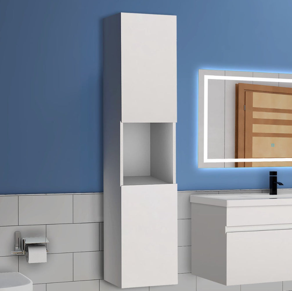 AICA vysoká koupelnová skříňka 130 cm – bílá nástěnná skříňka s Soft Close, úložný prostor do koupelny. Moderní koupelnový nábytek z MDF, skříňka na ručníky, kosmetiku a doplňky. Praktická závěsná skříňka s tichým zavíráním, levý/pravý montážní systém.