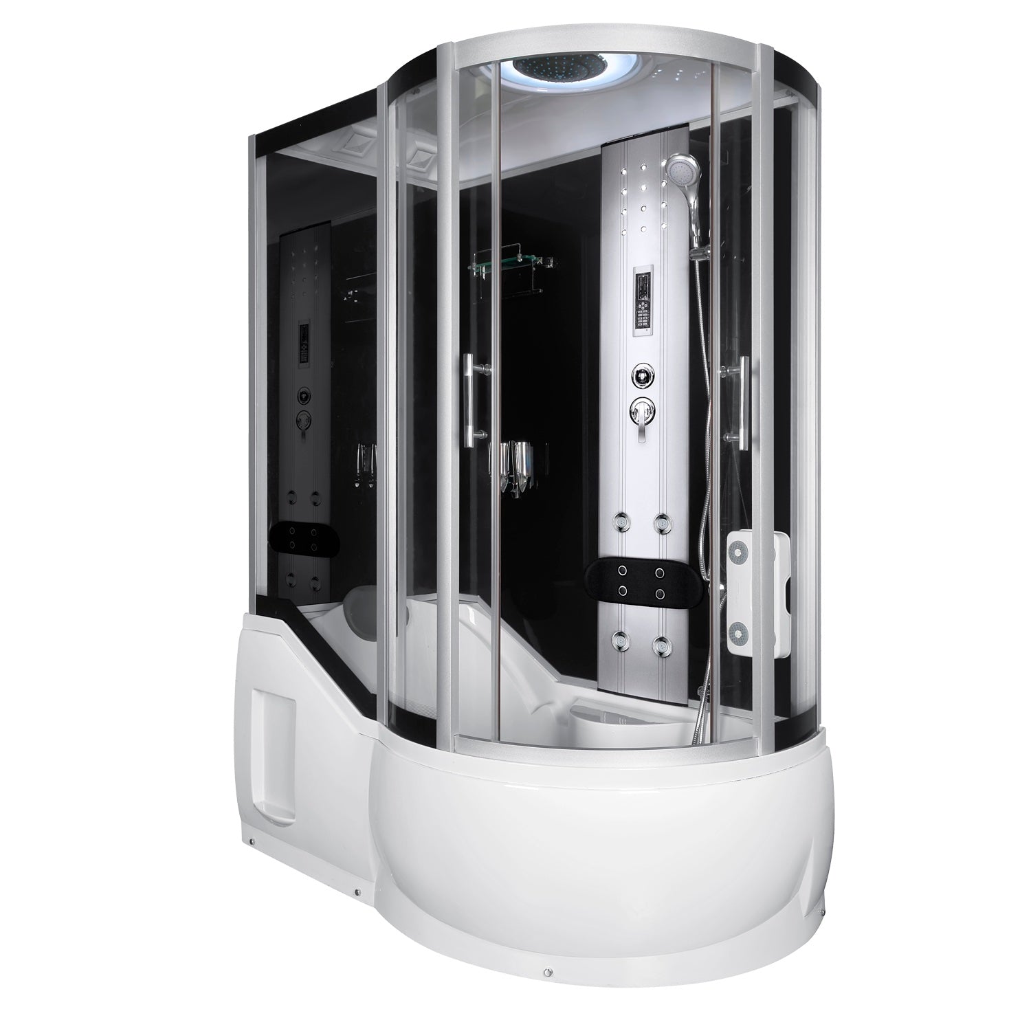 Masážní Sprchovací Box s vanou 151x85x217cm Levá Montáž - 8 masážních trysek, grafitové tvrzené sklo, integrované sedátko, rádio, ventilátor, LED osvětlení, akrylátová vana, sprchový kout s masáží nohou