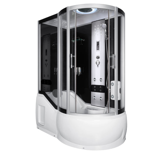 Masážní Sprchovací Box s vanou 151x85x217cm Levá Montáž - 8 masážních trysek, grafitové tvrzené sklo, integrované sedátko, rádio, ventilátor, LED osvětlení, akrylátová vana, sprchový kout s masáží nohou