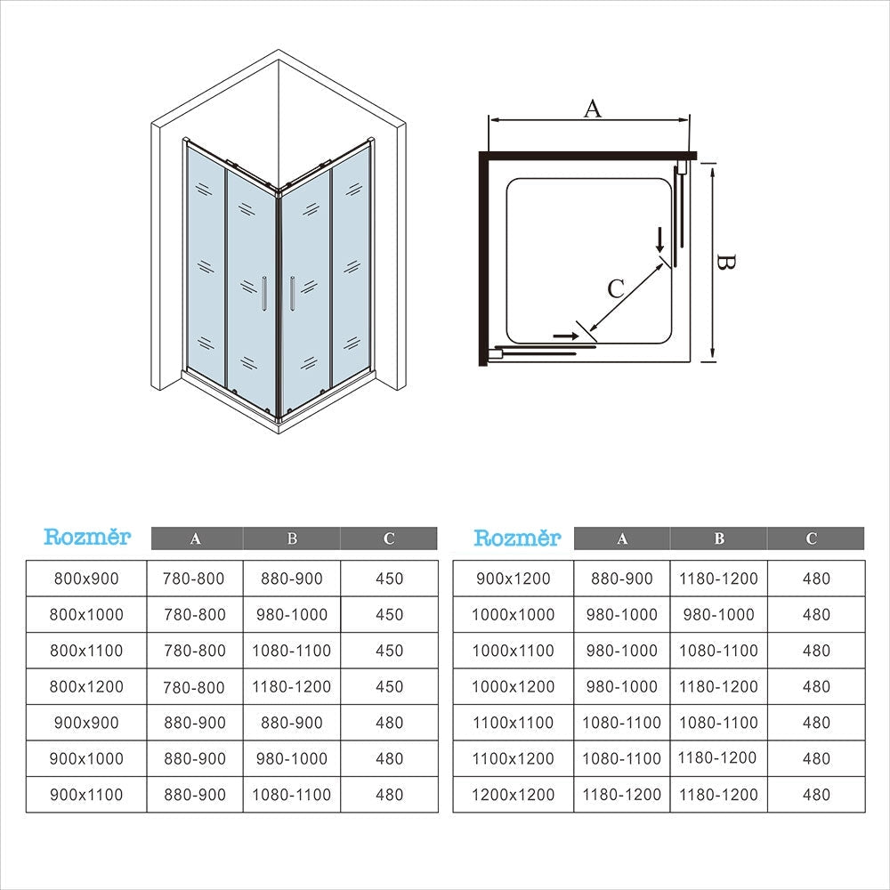 AICA Sprchový kout obdélníkový s posuvnými dveřmi – 6mm bezpečnostní NANO sklo EasyClean ESG, chromový profil, výška 195 cm, nastavitelné rozměry 70-120 cm, magnetické zavírání, 16 tichých koleček, moderní design do koupelny, kvalitní sprchový box bez vaničky