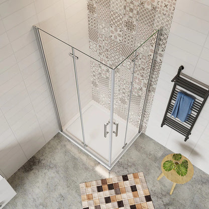 AICA Sprchový kout obdélníkový se zalamovacími dveřmi z 6mm NANO skla – bezpečnostní sklo EasyClean, chromový profil, nerezové madlo. Moderní sprchový box s univerzální montáží (levá/pravá strana) pro prostory 70–120 cm, výška 195 cm. Designový obdélníkový sprchový kout s posuvnými dveřmi, odolný proti korozi. Vhodný do malých i velkých koupelen, snadná údržba a minimalistický vzhled.