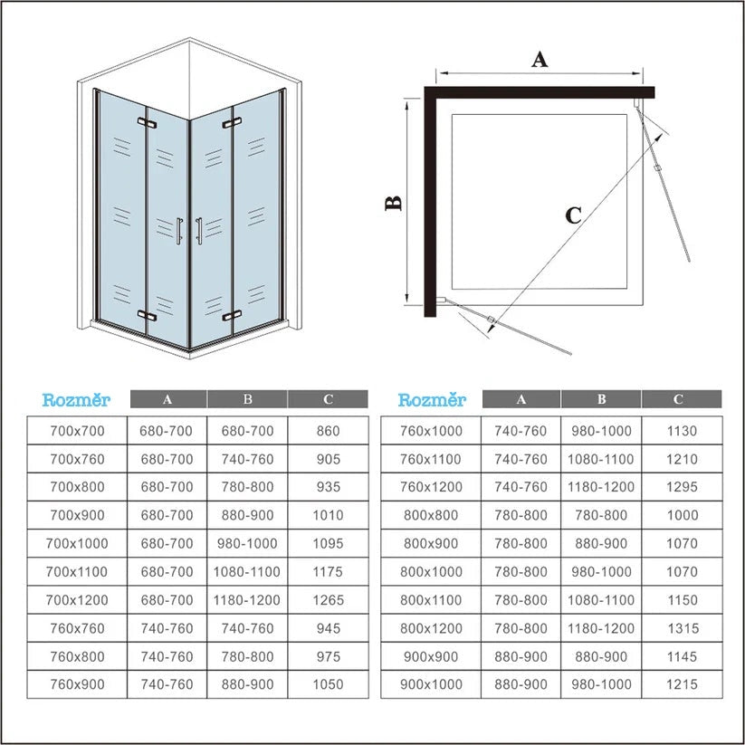 AICA Sprchový kout obdélníkový se zalamovacími dveřmi z 6mm NANO skla – bezpečnostní sklo EasyClean, chromový profil, nerezové madlo. Moderní sprchový box s univerzální montáží (levá/pravá strana) pro prostory 70–120 cm, výška 195 cm. Designový obdélníkový sprchový kout s posuvnými dveřmi, odolný proti korozi. Vhodný do malých i velkých koupelen, snadná údržba a minimalistický vzhled.