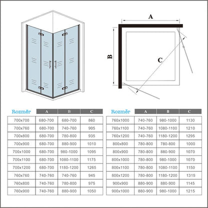 AICA Sprchový kout obdélníkový se zalamovacími dveřmi z 6mm NANO skla – bezpečnostní sklo EasyClean, chromový profil, nerezové madlo. Moderní sprchový box s univerzální montáží (levá/pravá strana) pro prostory 70–120 cm, výška 195 cm. Designový obdélníkový sprchový kout s posuvnými dveřmi, odolný proti korozi. Vhodný do malých i velkých koupelen, snadná údržba a minimalistický vzhled.