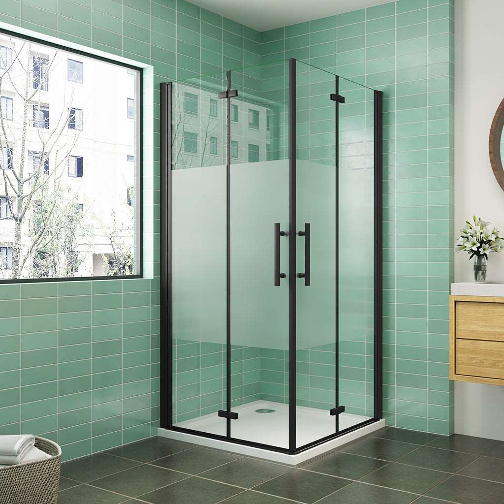 AICA obdélníkový sprchový kout s PRIVACY pásem – zalamovací dveře, černý design, 70-120cm, 6mm NANO sklo EasyClean, nerezové madlo, montáž vlevo/vpravo, výška 195cm