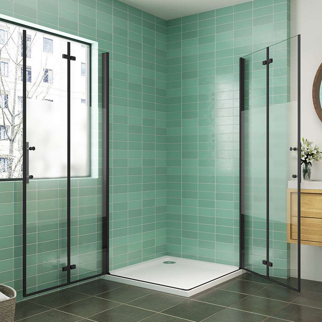 AICA obdélníkový sprchový kout s PRIVACY pásem – zalamovací dveře, černý design, 70-120cm, 6mm NANO sklo EasyClean, nerezové madlo, montáž vlevo/vpravo, výška 195cm