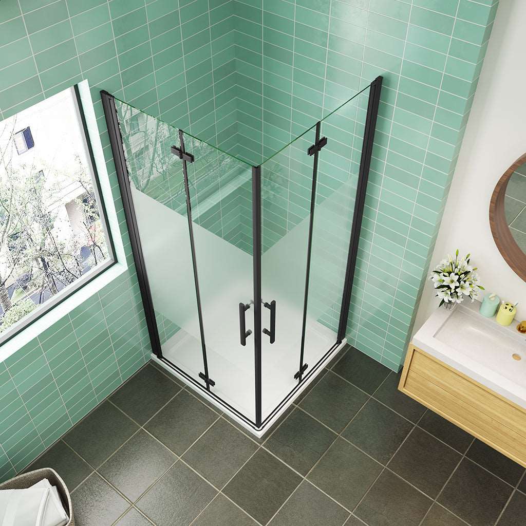 AICA obdélníkový sprchový kout s PRIVACY pásem – zalamovací dveře, černý design, 70-120cm, 6mm NANO sklo EasyClean, nerezové madlo, montáž vlevo/vpravo, výška 195cm