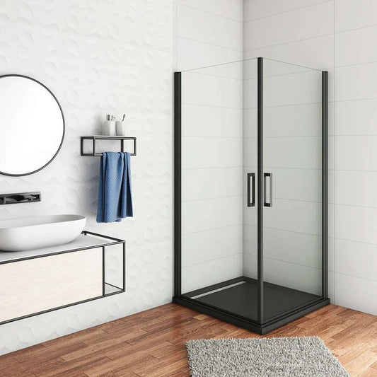 Černý sprchový kout 8mm NANO sklo, čtvercový 80x80 90x90 100x100cm, jednokřídlé dveře, hliníkový profil, bezpečnostní sklo EasyClean, černá madla, magnetické těsnění, moderní sprchový box, malá koupelna, úspora místa, snadná údržba, voděodolný