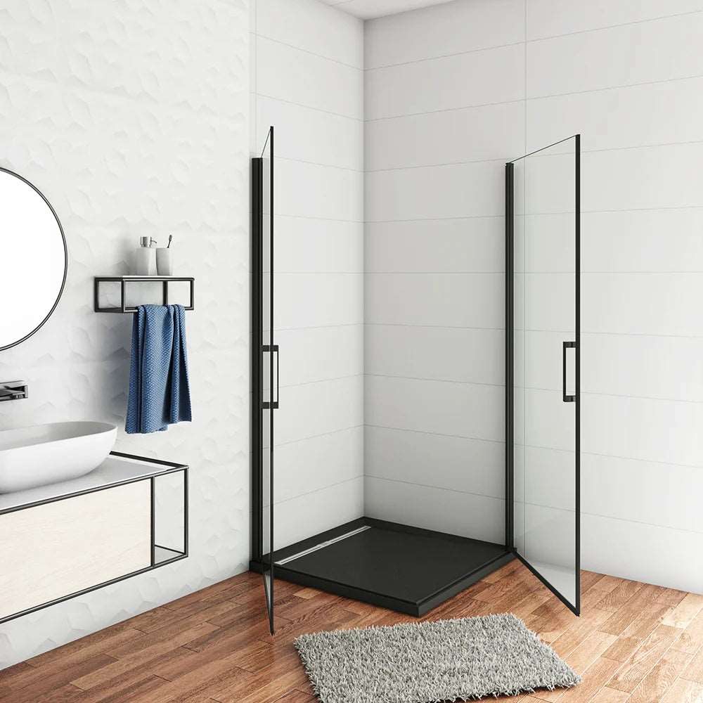 AICA černý sprchový kout čtvercový s 8mm NANO sklem - rozměry 80x80, 90x90, 100x100cm - jednokřídlé černé dveře, hliníkový antikorozní profil, bezpečnostní sklo EasyClean, magnetické těsnění, černá madla, moderní design, úspora místa, snadná údržba