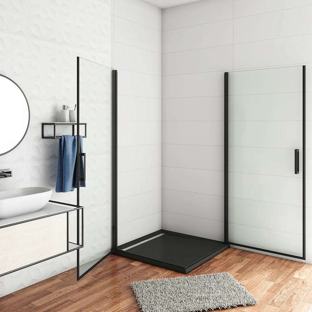 AICA černý sprchový kout čtvercový s 8mm NANO sklem - rozměry 80x80, 90x90, 100x100cm - jednokřídlé černé dveře, hliníkový antikorozní profil, bezpečnostní sklo EasyClean, magnetické těsnění, černá madla, moderní design, úspora místa, snadná údržba