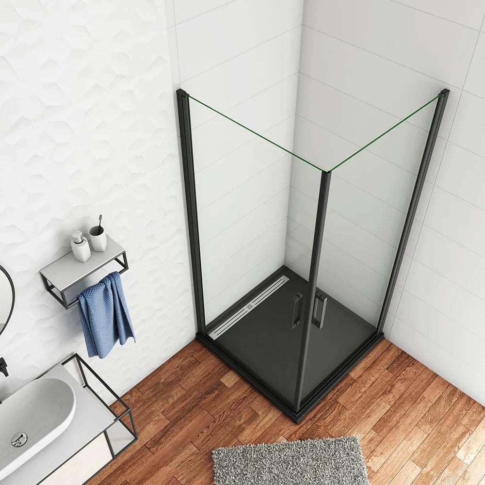 AICA černý sprchový kout čtvercový s 8mm NANO sklem - rozměry 80x80, 90x90, 100x100cm - jednokřídlé černé dveře, hliníkový antikorozní profil, bezpečnostní sklo EasyClean, magnetické těsnění, černá madla, moderní design, úspora místa, snadná údržba
