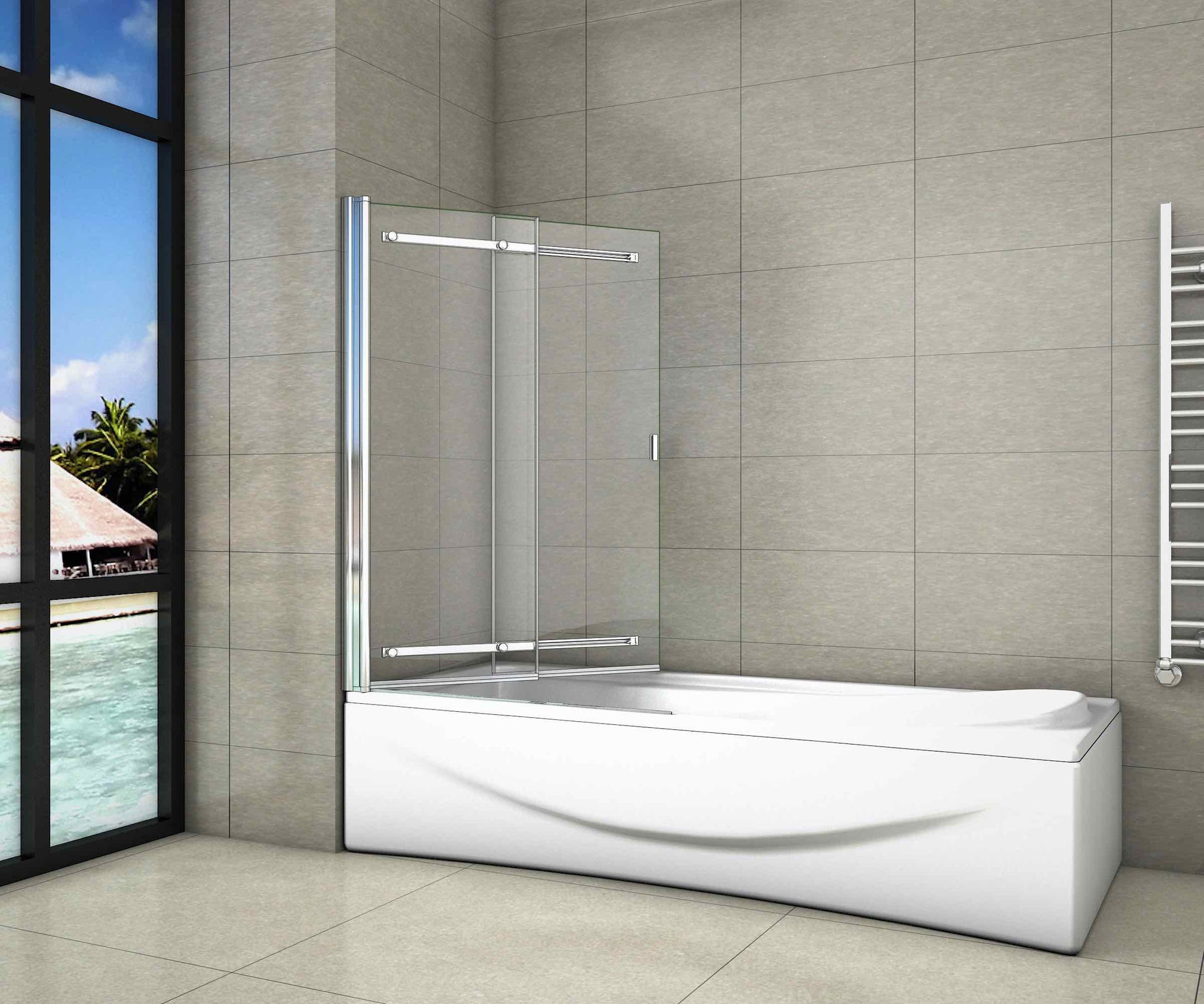 AICA vanová zástěna posuvná AQ2-90 - moderní 2-dílná sprchová stěna z čirého 6mm bezpečnostního skla s chromovaným hliníkovým profilem. Rozměry 90x140cm s univerzální montáží (levá/pravá), sklopná o 90° a kompletním těsněním. Ideální posuvná vanová zástěna sklo pro malé i velké koupelny. Kvalitní posuvný kryt vany od AICA s nastavitelným rozsahem.