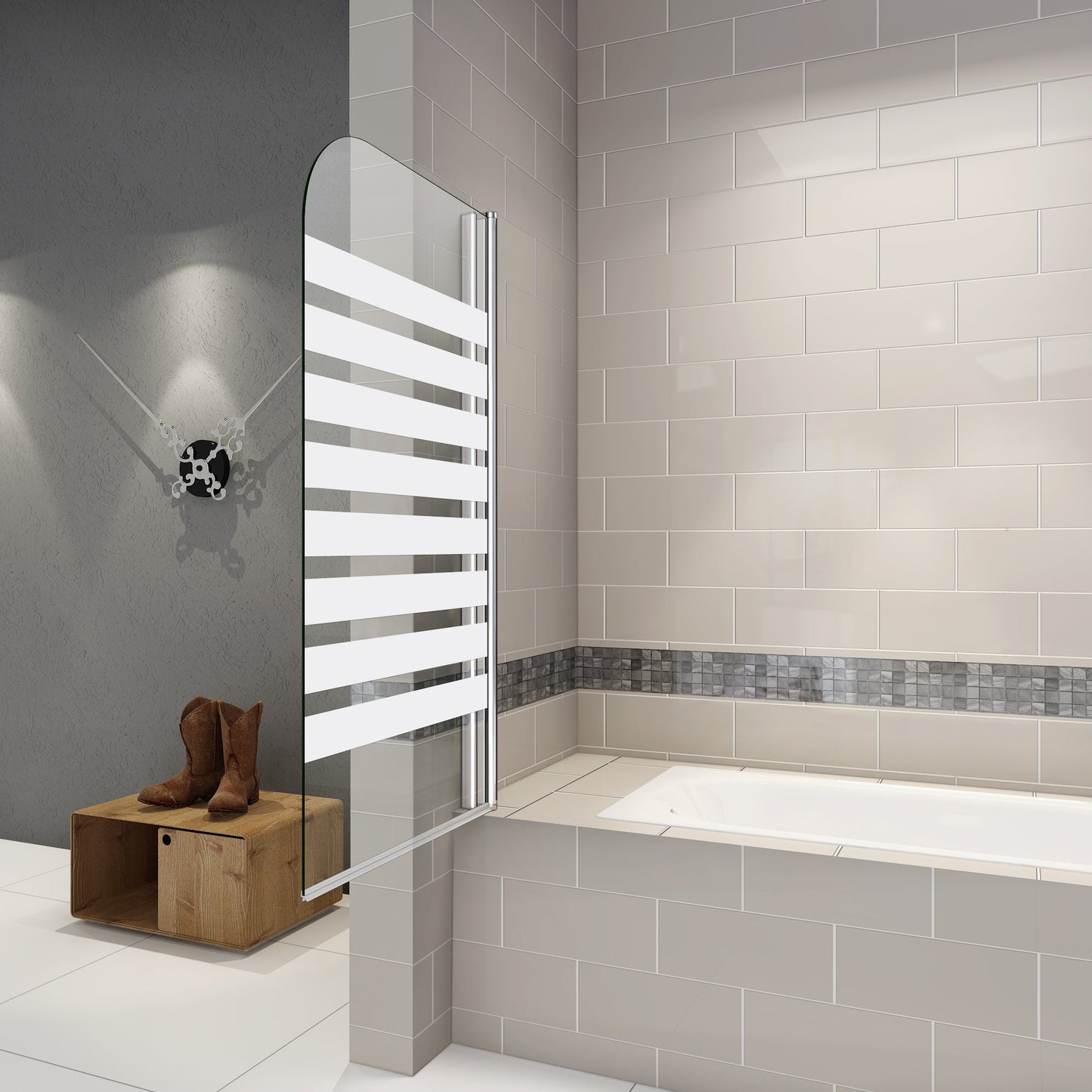 AICA vanová zástěna otočná B1E-S 80x140 cm | 1-dílná koupelnová zástěna s 6mm NANO sklem | Chromovaný hliníkový profil | Bezpečnostní zástěna do vany s pruhy | Možnost levé i pravé montáže | Moderní skleněná zástěna | Snadná údržba a čištění | Dodávka včetně lišty a těsnění