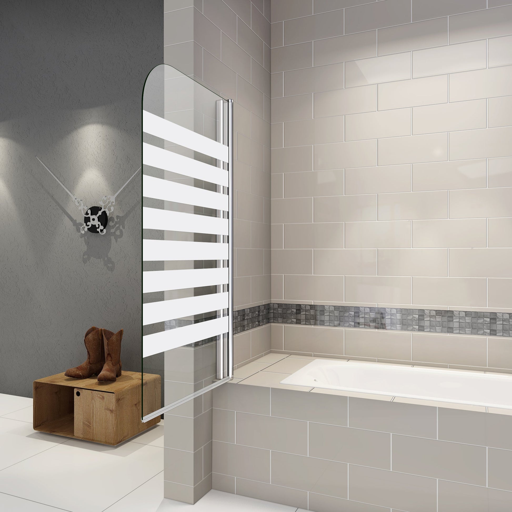 AICA vanová zástěna otočná B1E-S 80x140 cm | 1-dílná koupelnová zástěna s 6mm NANO sklem | Chromovaný hliníkový profil | Bezpečnostní zástěna do vany s pruhy | Možnost levé i pravé montáže | Moderní skleněná zástěna | Snadná údržba a čištění | Dodávka včetně lišty a těsnění