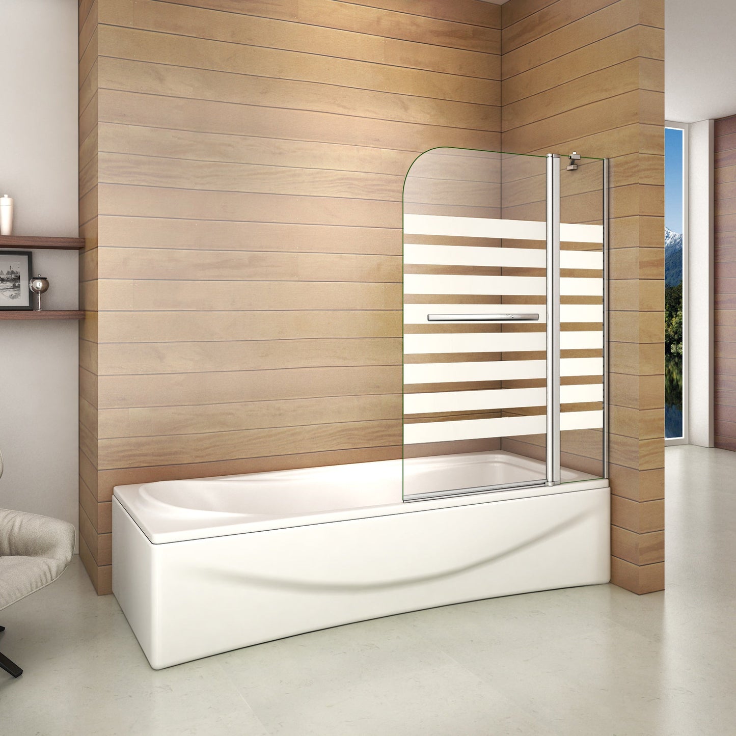 Otočná vanová zástěna sklo 120x140cm - moderní design, NANO povrch EasyClean, chromovaný hliníkový profil, bezpečnostní 6mm sklo s vodorovnými pruhy, možnost levé i pravé montáže, věšák na ručník v setu