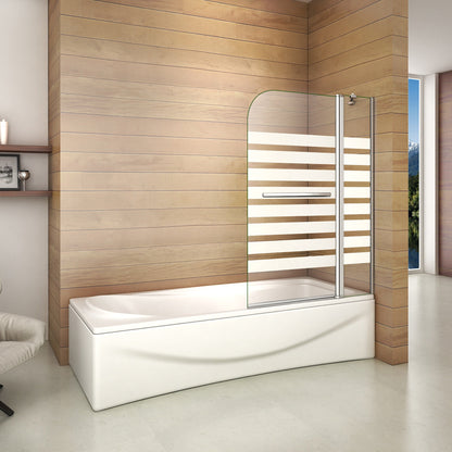 Otočná vanová zástěna sklo 120x140cm - moderní design, NANO povrch EasyClean, chromovaný hliníkový profil, bezpečnostní 6mm sklo s vodorovnými pruhy, možnost levé i pravé montáže, věšák na ručník v setu
