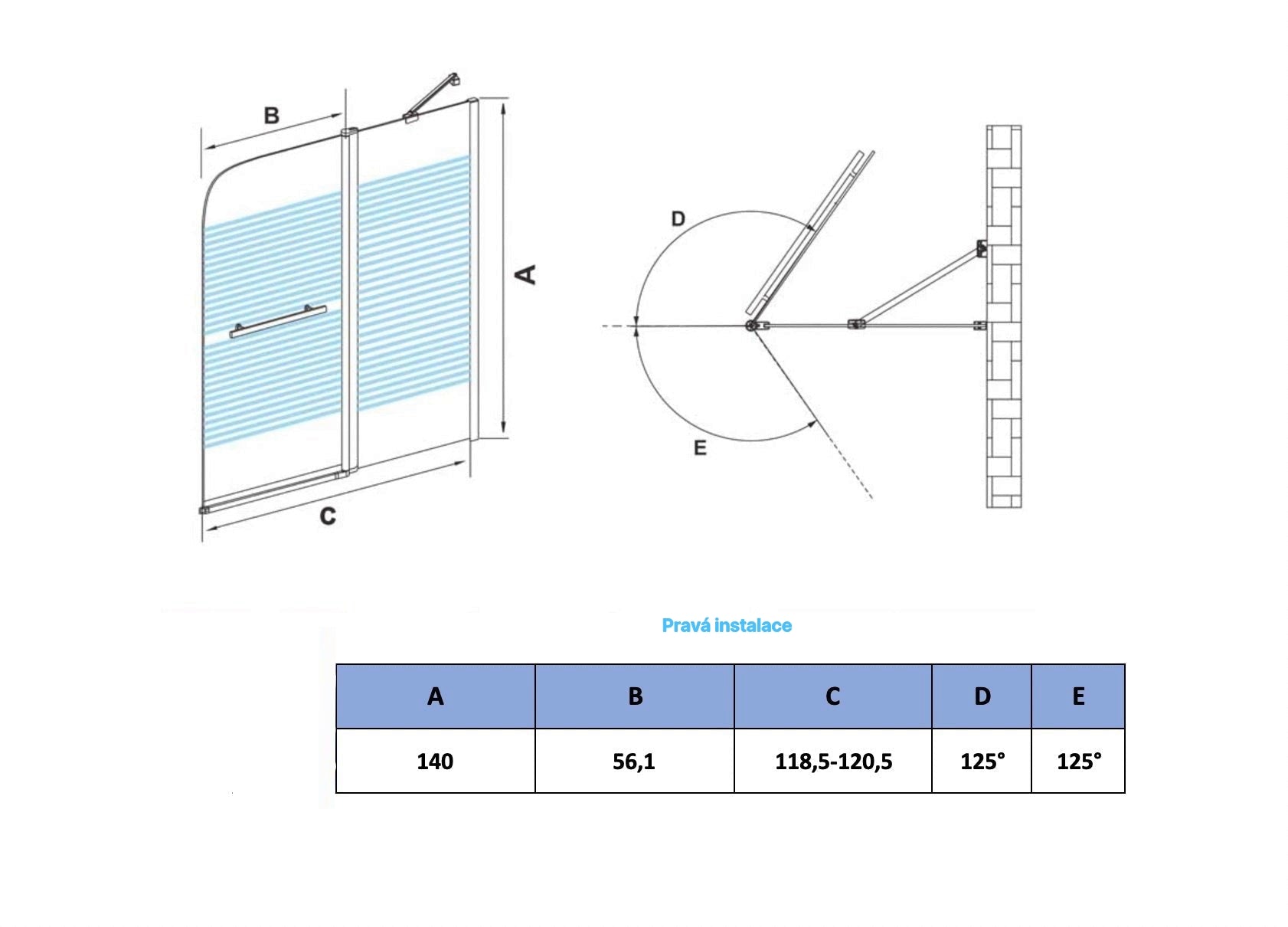 Otočná vanová zástěna sklo 120x140cm - moderní design, NANO povrch EasyClean, chromovaný hliníkový profil, bezpečnostní 6mm sklo s vodorovnými pruhy, možnost levé i pravé montáže, věšák na ručník v setu