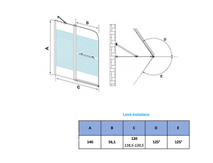 Otočná vanová zástěna sklo 120x140cm - moderní design, NANO povrch EasyClean, chromovaný hliníkový profil, bezpečnostní 6mm sklo s vodorovnými pruhy, možnost levé i pravé montáže, věšák na ručník v setu