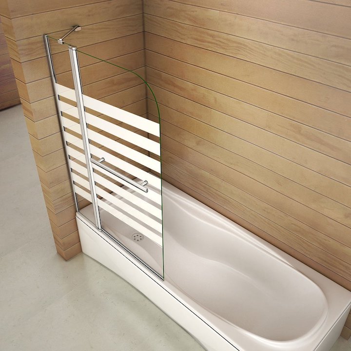 Otočná vanová zástěna sklo 120x140cm - moderní design, NANO povrch EasyClean, chromovaný hliníkový profil, bezpečnostní 6mm sklo s vodorovnými pruhy, možnost levé i pravé montáže, věšák na ručník v setu