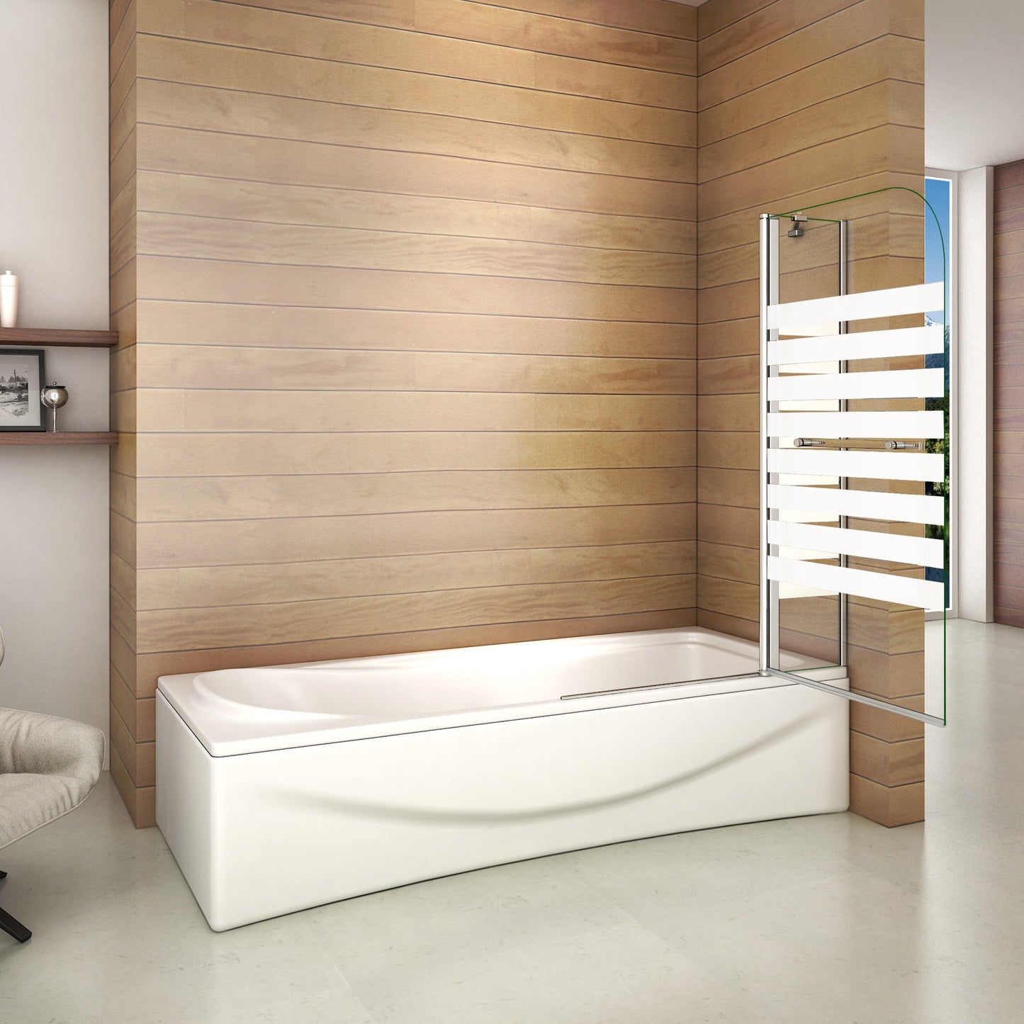 Otočná vanová zástěna sklo 120x140cm - moderní design, NANO povrch EasyClean, chromovaný hliníkový profil, bezpečnostní 6mm sklo s vodorovnými pruhy, možnost levé i pravé montáže, věšák na ručník v setu