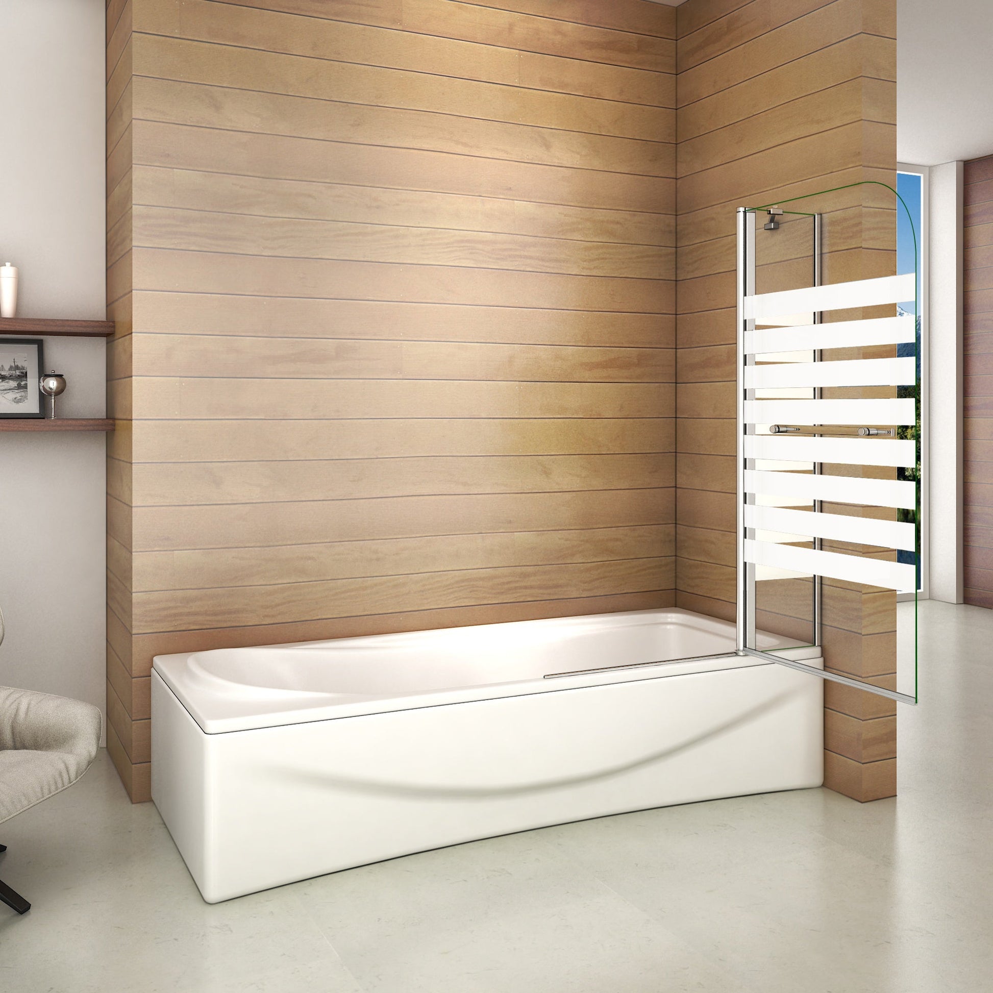 Otočná vanová zástěna sklo 120x140cm - moderní design, NANO povrch EasyClean, chromovaný hliníkový profil, bezpečnostní 6mm sklo s vodorovnými pruhy, možnost levé i pravé montáže, věšák na ručník v setu