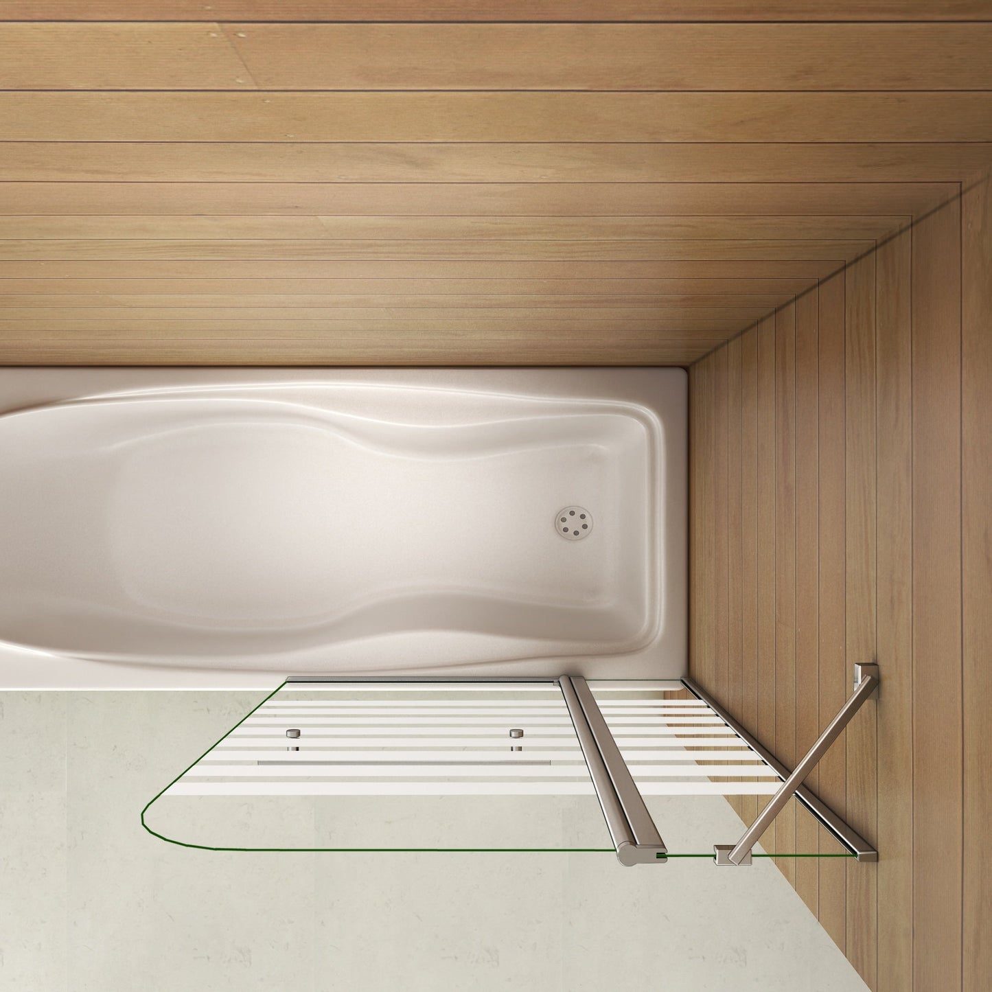 Otočná vanová zástěna sklo 120x140cm - moderní design, NANO povrch EasyClean, chromovaný hliníkový profil, bezpečnostní 6mm sklo s vodorovnými pruhy, možnost levé i pravé montáže, věšák na ručník v setu