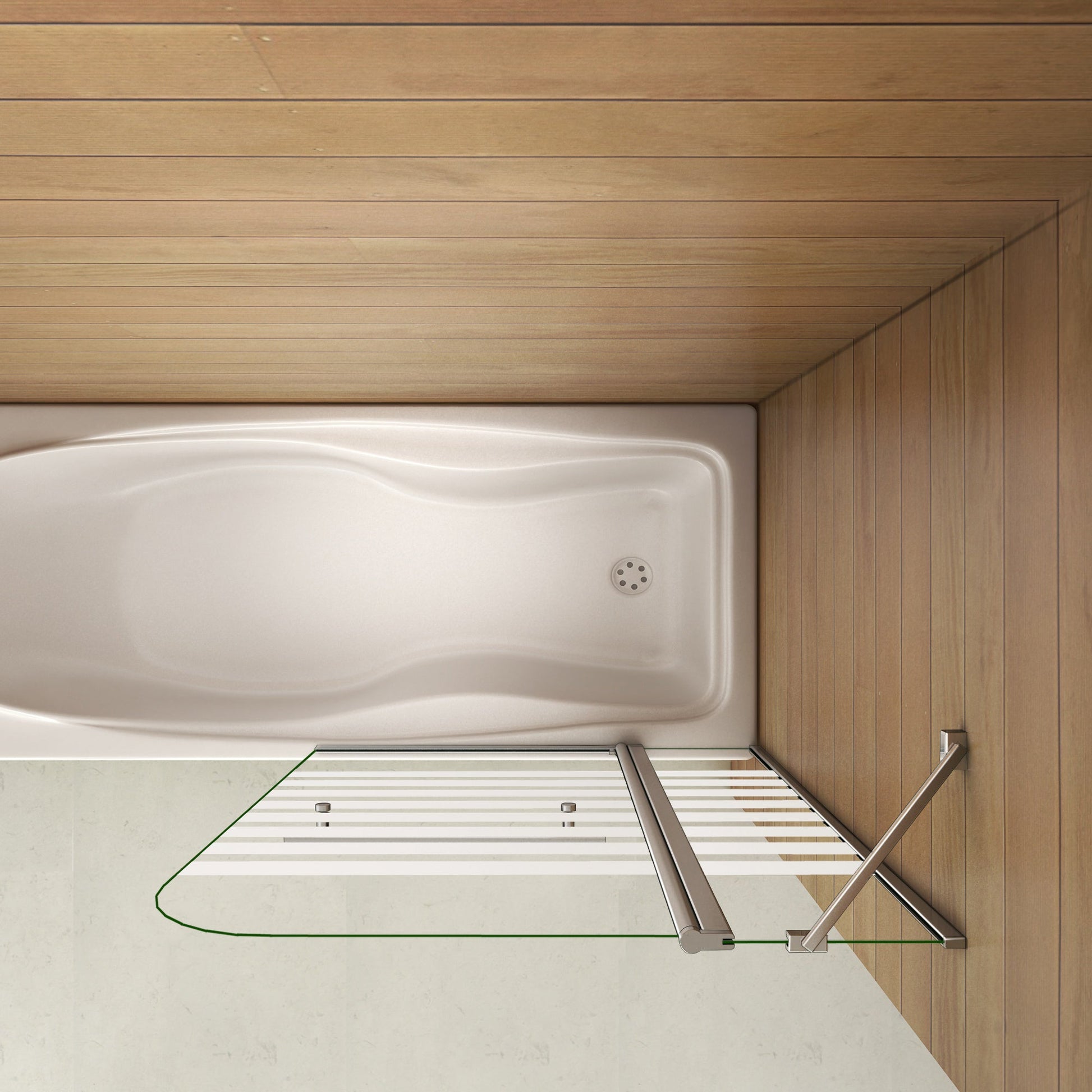 Otočná vanová zástěna sklo 120x140cm - moderní design, NANO povrch EasyClean, chromovaný hliníkový profil, bezpečnostní 6mm sklo s vodorovnými pruhy, možnost levé i pravé montáže, věšák na ručník v setu