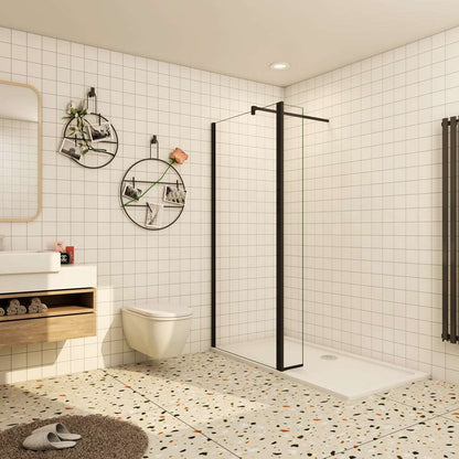 AICA Sprchový kout WALK IN CLEAR08B30P - černá moderní sprchová zástěna bez dveří s 8mm NANO čirým sklem EasyClean, 30cm otočným panelem a černými hliníkovými profily. Nastavitelná vzpěra pro velikosti 50-160cm, výška 200cm. Ideální walk in sprchový box pro malé i velké koupelny. Kvalitní sprchový roh od AICA s bezpečnostním sklem