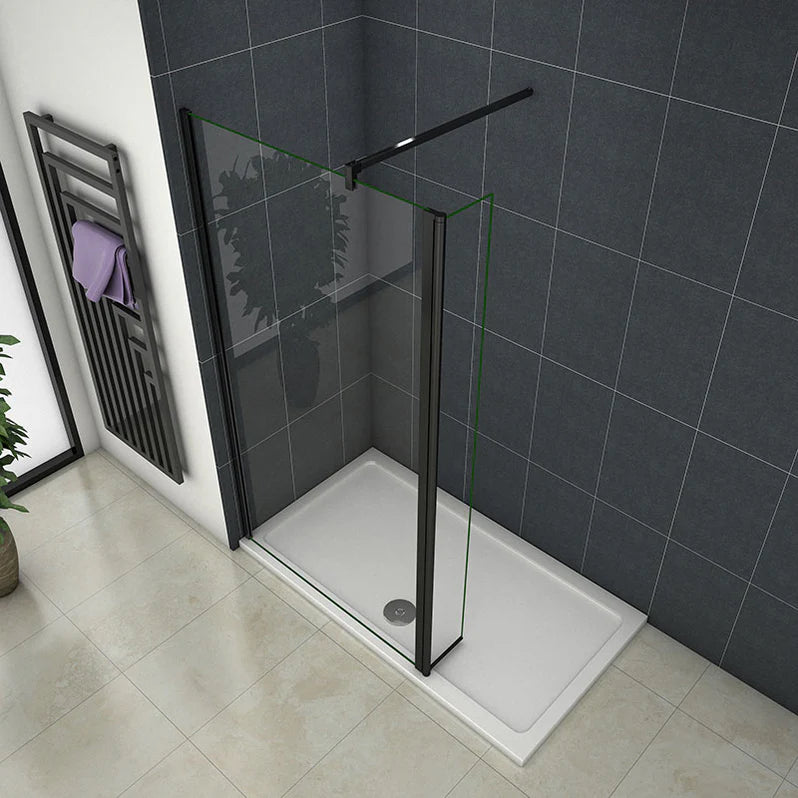 AICA Sprchový kout WALK IN CLEAR08B40P | Skleněná sprchová zástěna Walk-In 50-160cm | 8mm NANO čiré bezpečnostní sklo EasyClean | Černé hliníkové profily a vzpěry | Otočné dveře 40cm | Výška 200cm | Univerzální montáž levá/pravá | Moderní koupelnový nábytek | Odolné proti vodnímu kameni | Teleskopické nastavení F-131B, F-132B | Sprchový box bez vaničky